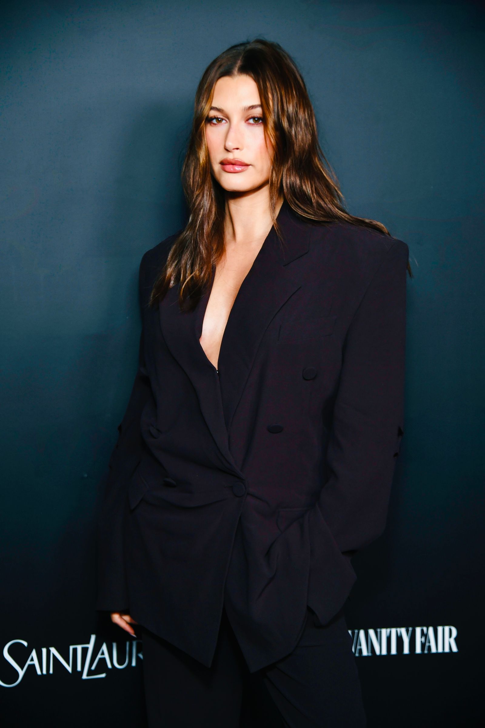 Hailey Bieber at the Vanity Fair x Saint Laurent x NBCUniversal Oppenheimer Film Toast held on March 8 2024 in Los...