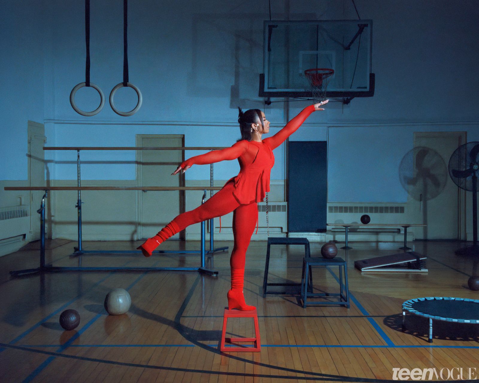 Portrait of the gymnast and Olympic Medalist Jordan Chiles in a gym.