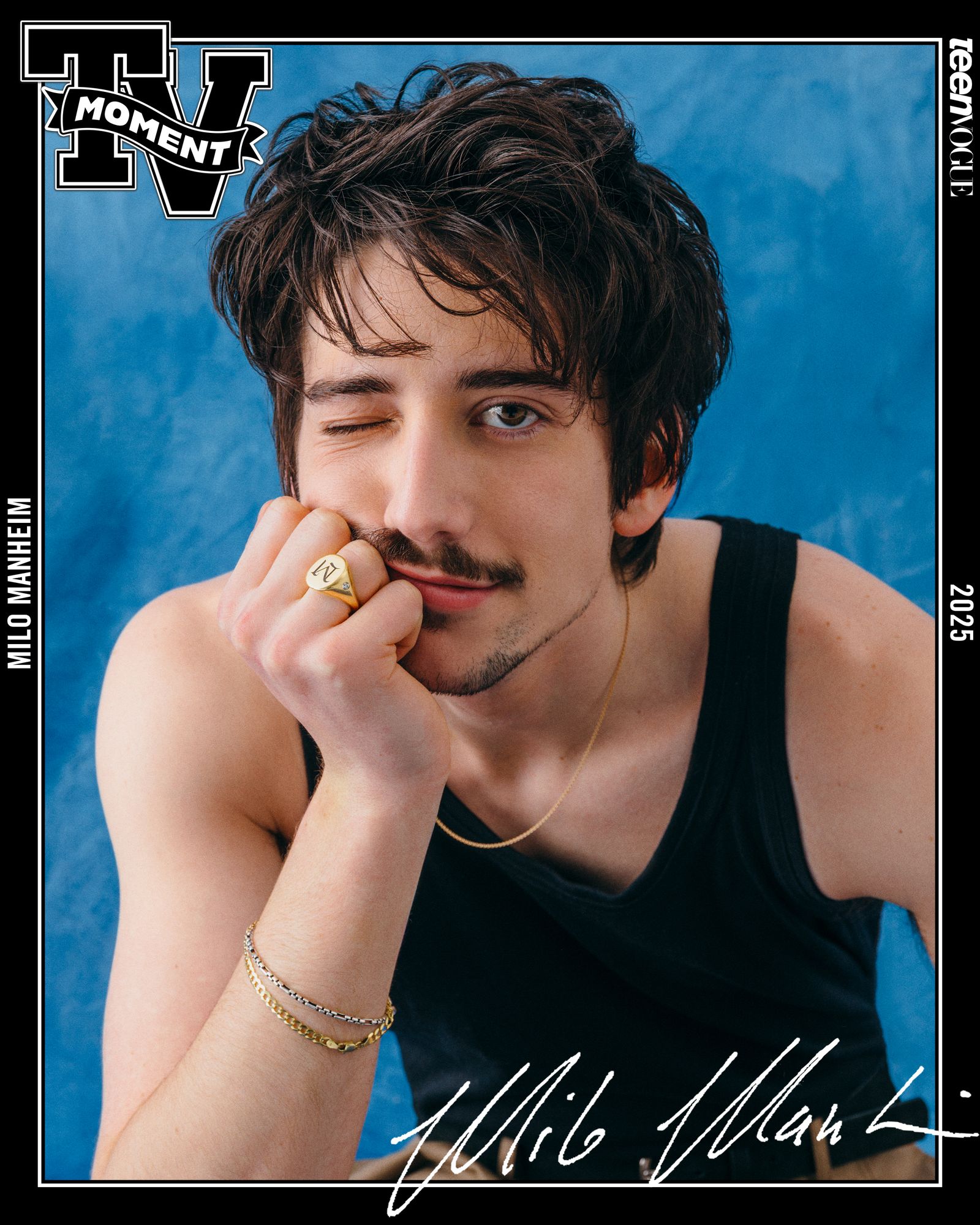 Moment Cover of Milo Manheim winking at viewer hand resting on face while wearing an 'M' ring.