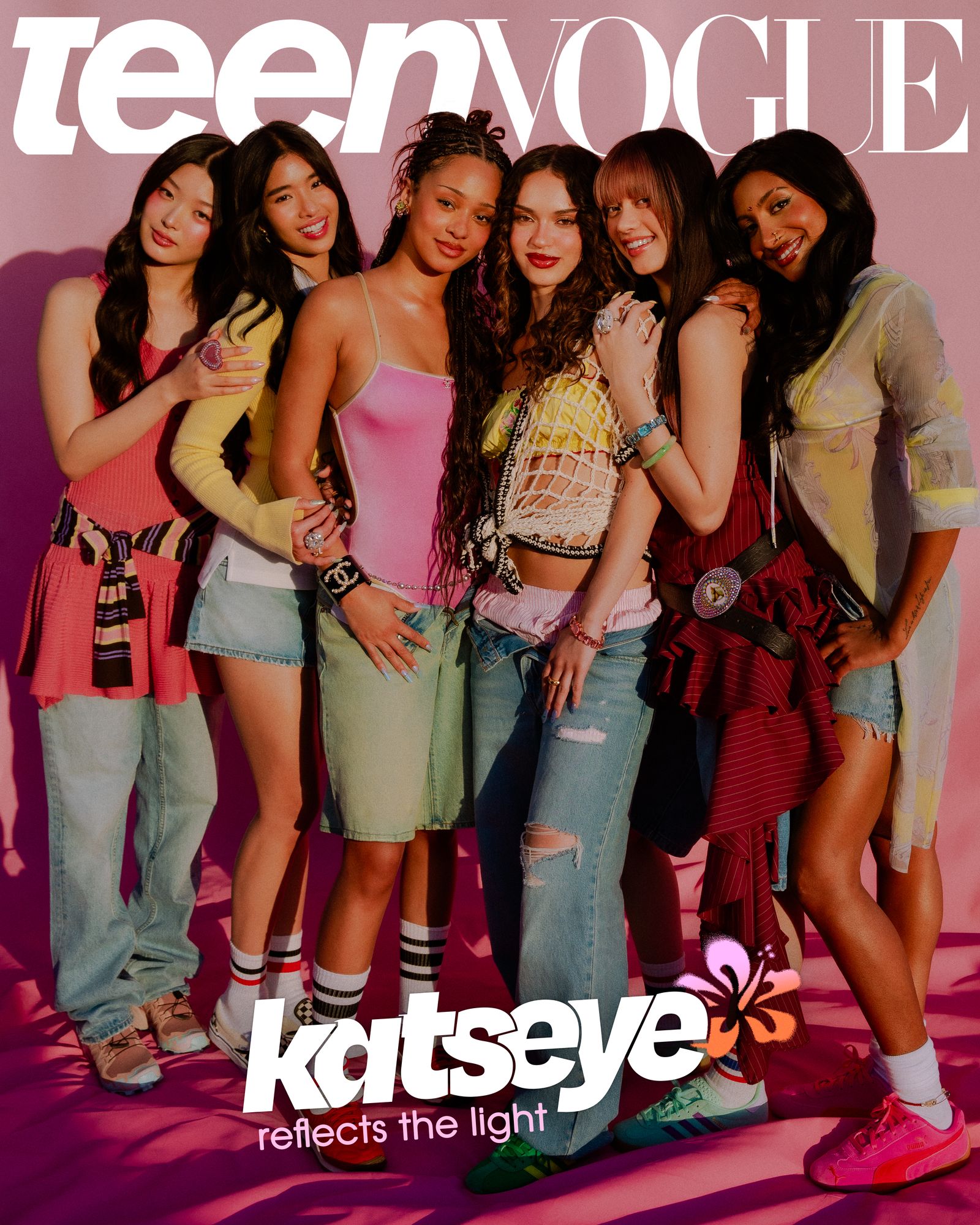 Cover image of Katseye from left to right Yoonchae Sophia Manon Dani Megan and Lara. All are photographed in the golden...