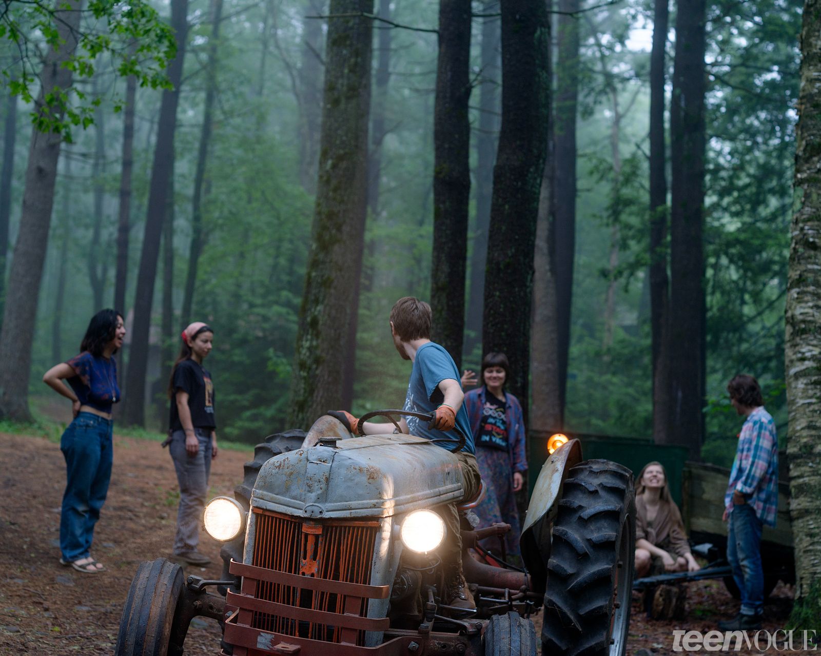 The Sirius Community members backing the tractor up on a foggy day in Shutesbury Massachusetts.