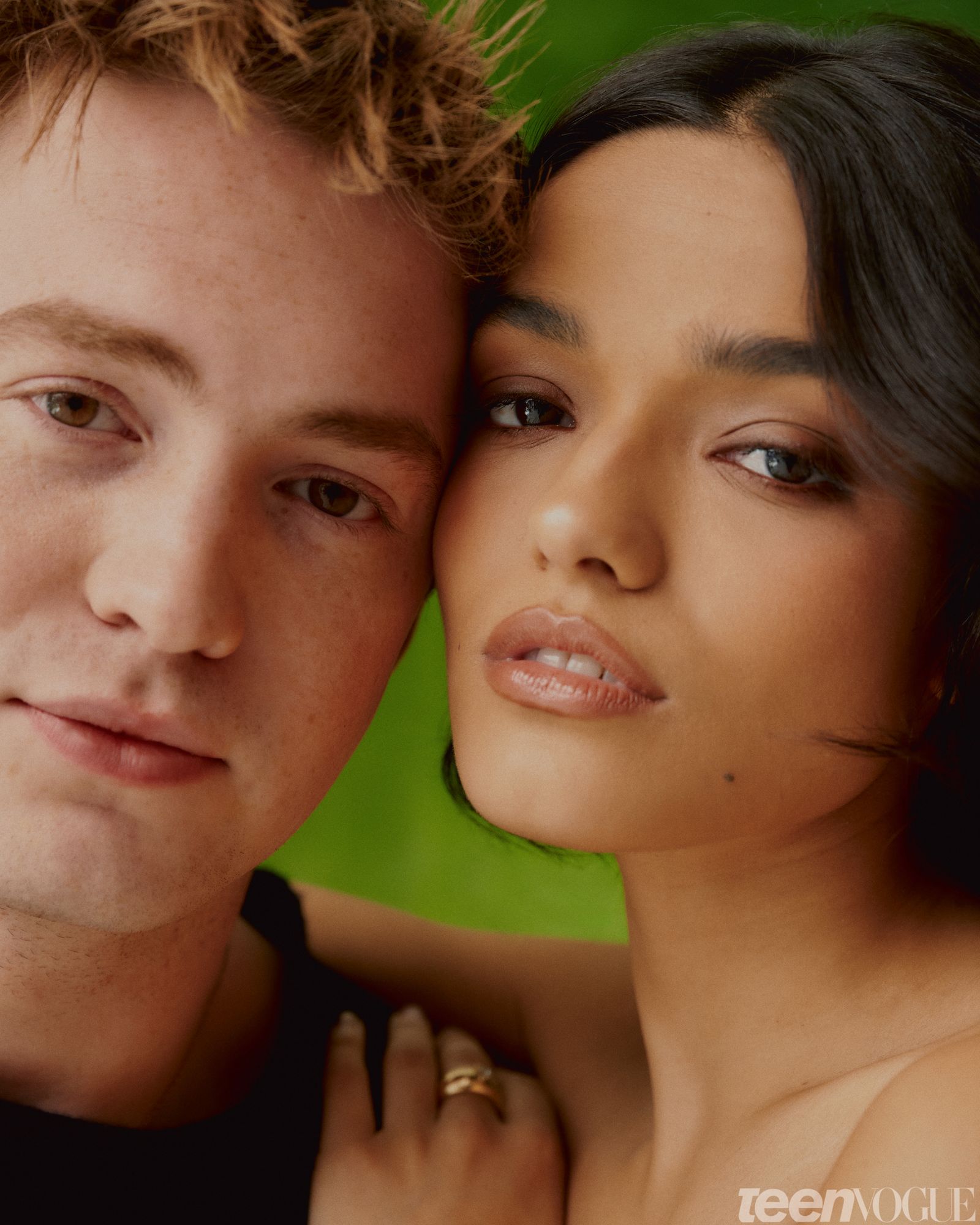 Closeup portrait of Kit Connor and Rachel Zegler.