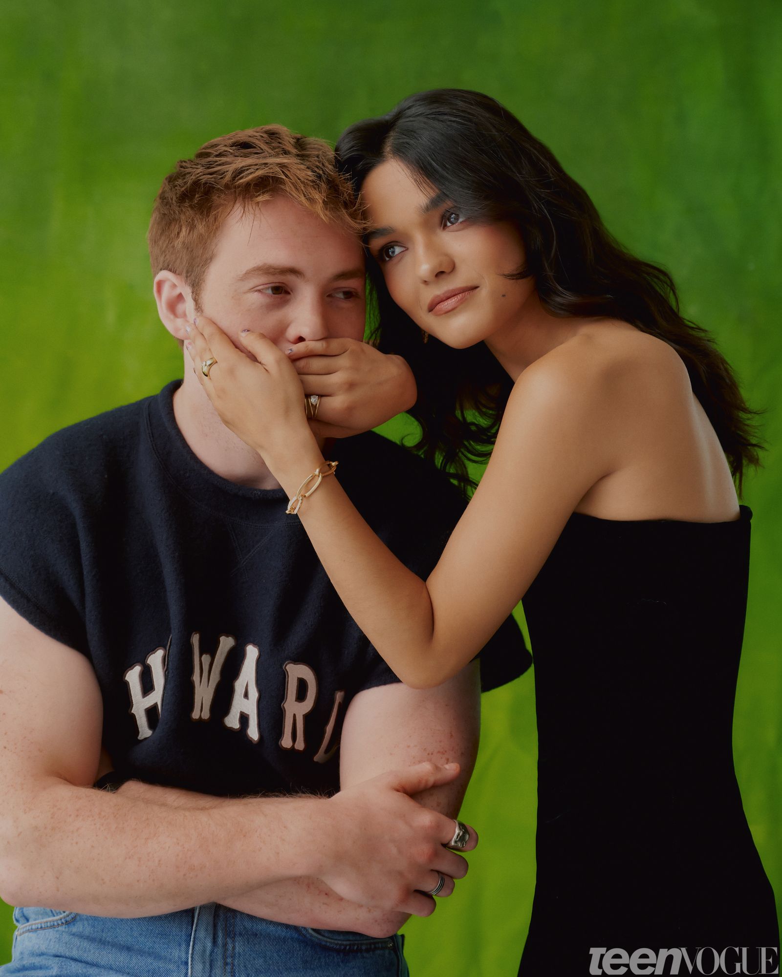 Rachel Zegler and Kit Connor photographed together against a green backdrop.
