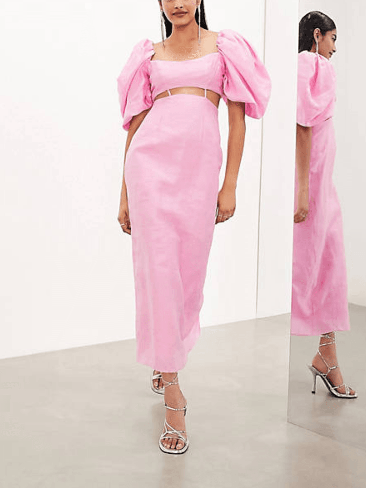 ASOS EDITION Washed Puff Sleeve Midaxi Dress with Cut Out Waist Detail 
