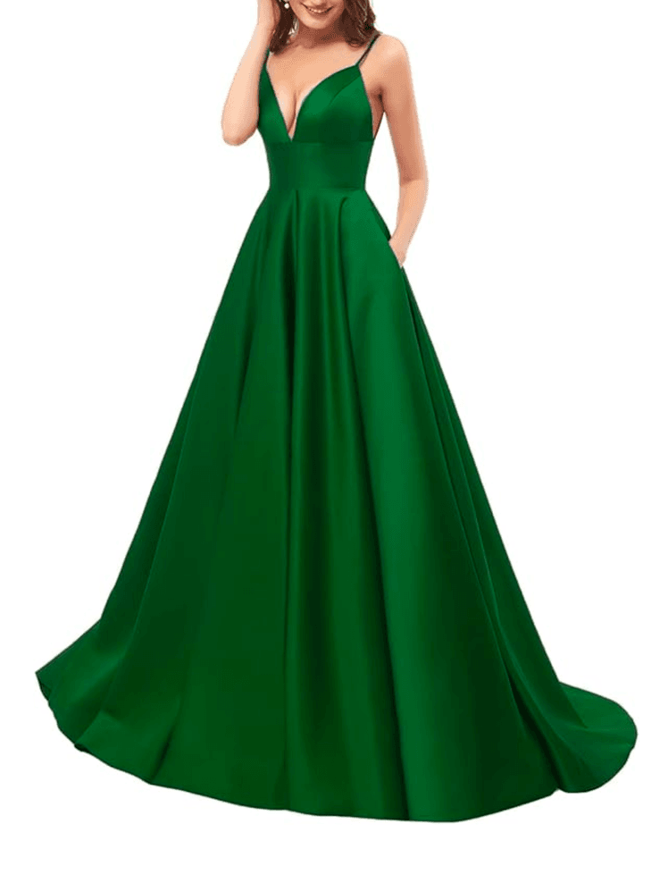 HerDress V Neck Satin A-Line Spaghetti Strap Dress 