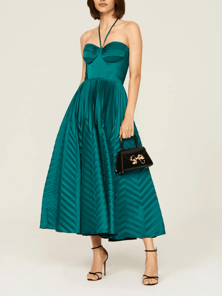 Marchesa Notte Green Pleated Dress 